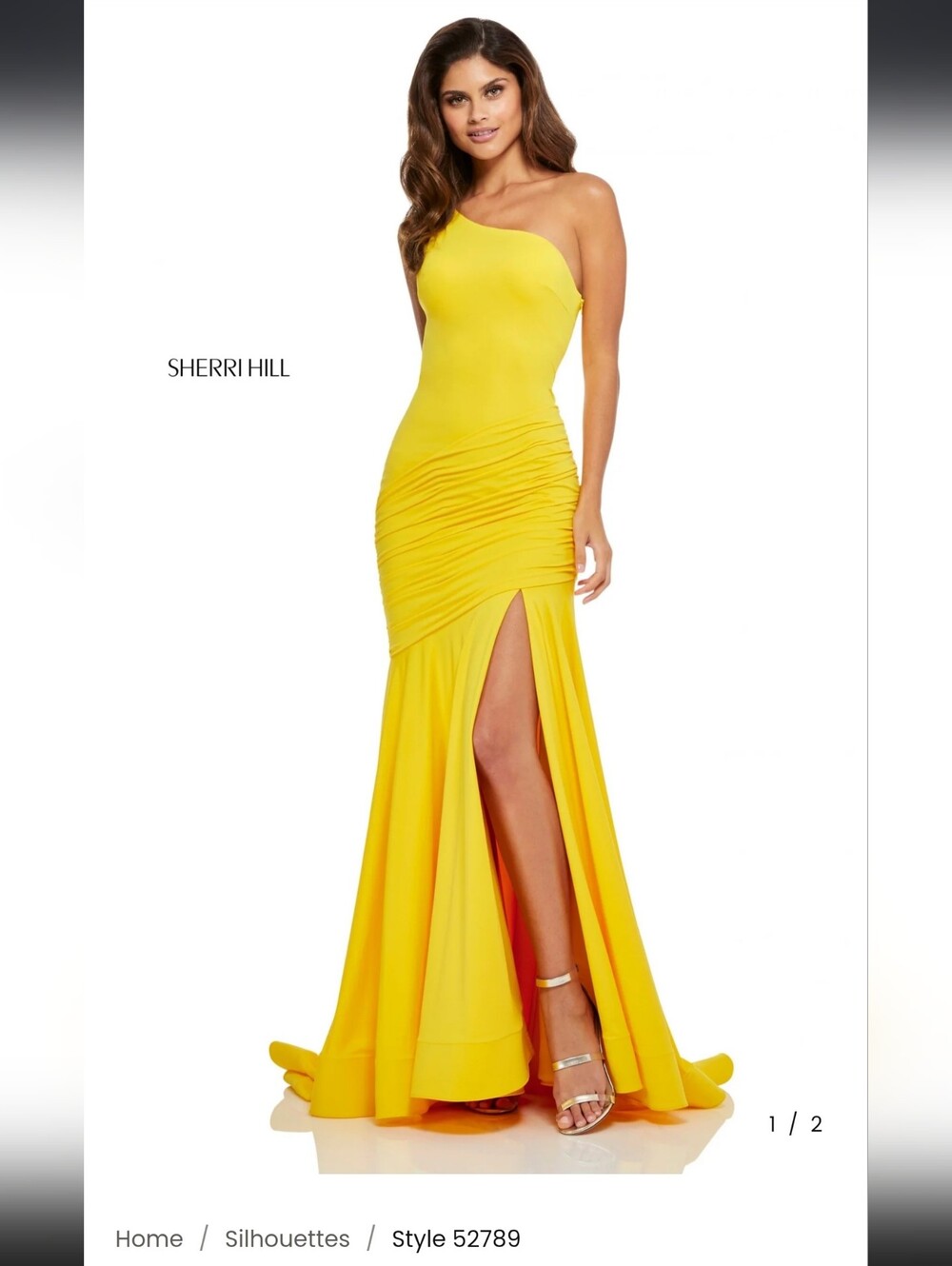 Sherri Hill 52789 One-Shoulder Yellow Ruched Gown with High Slit